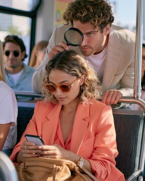 Woman in coral blazer using smartphone on crowded bus while man with magnifying glass peers over her shoulder, natural daylight, shallow depth of field