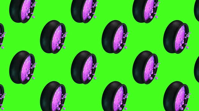 Black cauldrons filled with purple potion rotate in a repeating pattern on a vivid green background. Bubbles and magical vessels create a playful Halloween backdrop for party visuals. 3D animation