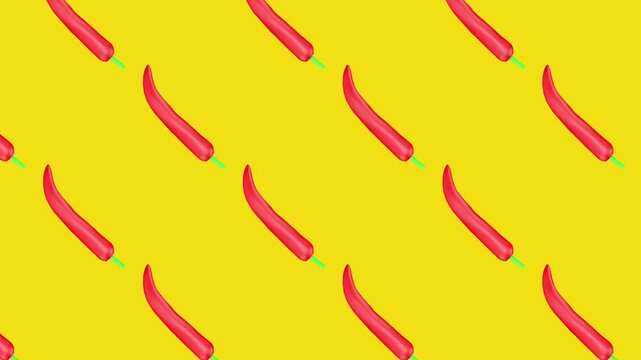 Red chili peppers with green stems rotate in a repeating pattern on a bright yellow background. Colorful spicy food design for cooking videos, restaurant adverts and menu presentations. 3D animation