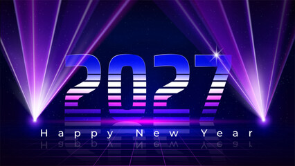 Fototapeta na wymiar Happy New Year 2027, 27. Retro futuristic tech design in 80s style. New Year greeting card. Purple magenta blue numbers 2027, laser beams, starry sky background. Neon color. Vector illustration
