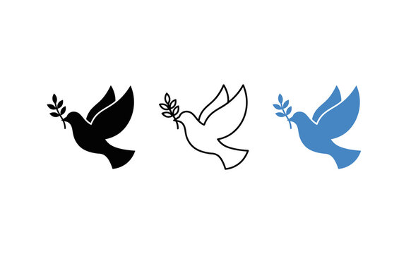Minimalist peace dove icons with olive branch, flying bird silhouette set, spiritual hope and freedom symbols