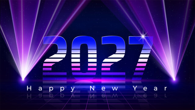 Happy New Year 2027, 27. Retro futuristic tech design in 80s style. New Year greeting card. Purple magenta blue numbers 2027, laser beams, starry sky background. Neon color. Vector illustration