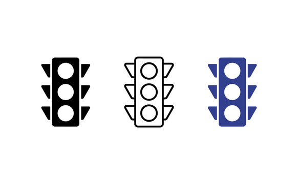 Traffic light icon set in different styles, minimalist stoplight symbols for navigation and transport UI, black and blue vector signs on white background