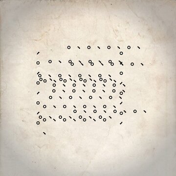 A modern abstract pattern with a combination of small circles and geometric diagonal lines that form a unique visual representation resembling a cipher system, Morse code, or a digital dot pattern of 