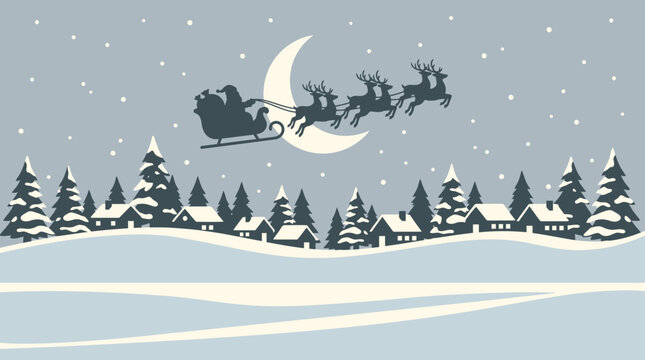 A festive christmas background vector illustration featuring santa claus flying his sleigh across a snowy night sky over a village