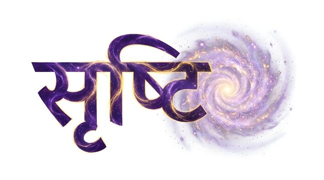 Srishti word in devanagari script next to a galaxy representing creation.