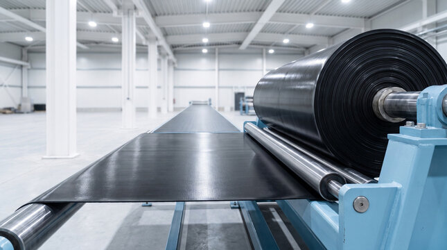 Large black rubber sheet unrolling on an industrial roller machine in a bright spacious factory