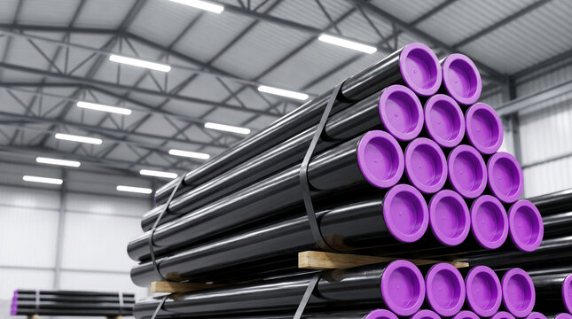 Black steel pipes with purple end caps stacked on a pallet inside an industrial warehouse