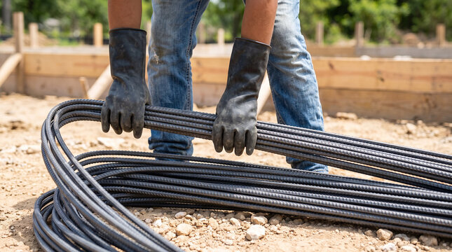 Worker with gloves handling rebar coils at a construction site, reinforcement steel for foundation