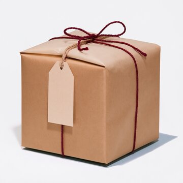 Christmas cookie exchange gift box wrapped in brown kraft paper with a red twine bow and blank tag, isolated on white for bakery mockup and copy space