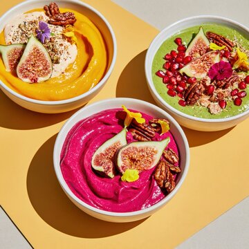 Three vibrant smoothie bowls with fig slices, pecans, pomegranate seeds and edible flowers on yellow background, overhead view