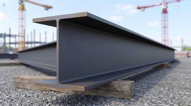 Close-up of a steel I-beam on a wooden block at a construction site with tower cranes in background