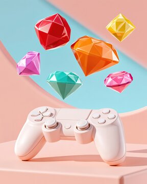 White gaming controller on pastel pink surface with floating colorful gemstones against blue and pink geometric background
