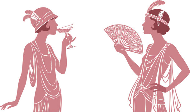 Vintage 1920s flapper girl silhouettes vector set featuring elegant roaring twenties women drinking cocktail and holding fan