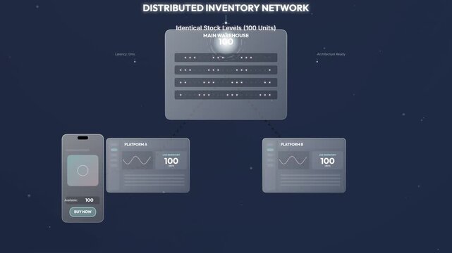 Animated infographic explaining zero latency omnichannel synchronization and distributed inventory network preventing overselling across e-commerce platforms and main warehouse