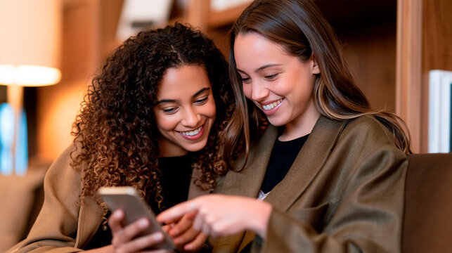Two young women smiling and looking at smartphone together indoors, sharing social media content and enjoying friendly digital communication