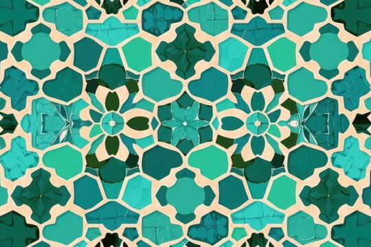 A seamless Moroccan mosaic pattern mimicking authentic zellige tiles with geometric interlocking hexagons in varying shades of turquoise and emerald.