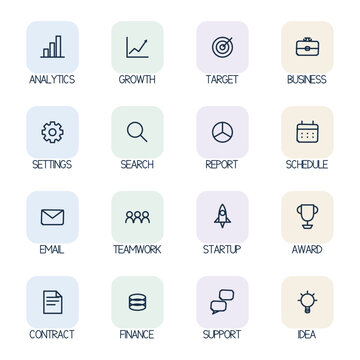 Minimalist business icon set, 16 professional line icons for corporate analytics and growth, modern pastel UI elements for web and app design