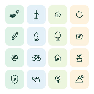 Sustainable energy and ecology icons set, 16 green environment vector symbols, renewable power and nature conservation line art for web design