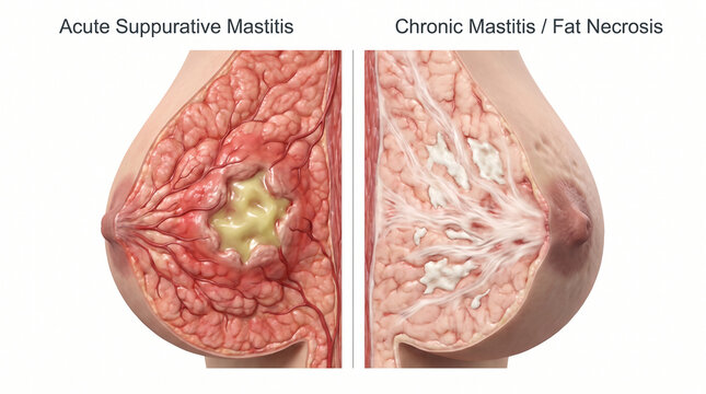 3D Cross-Section Comparing Acute Suppurative Mastitis and Chronic Fat Necrosis