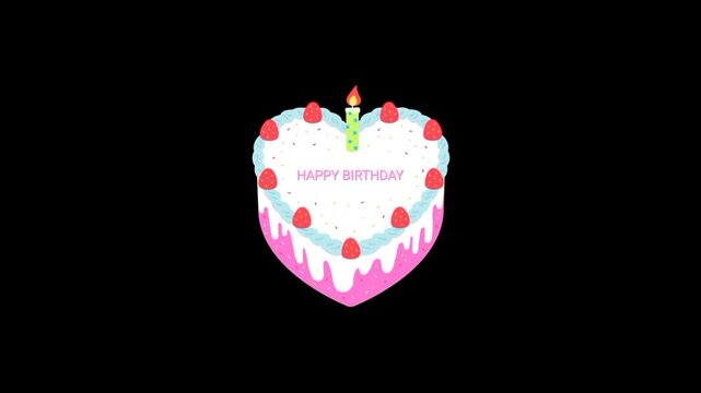 Heart shaped Birthday cake 3d icon animated loop on black background