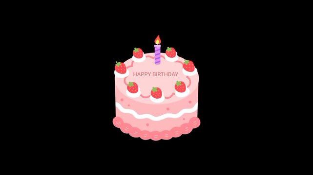 Happy Birthday cake 3d icon animated loop on black background