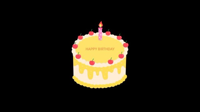 Candle on Birthday cake 3d icon animated loop on black background