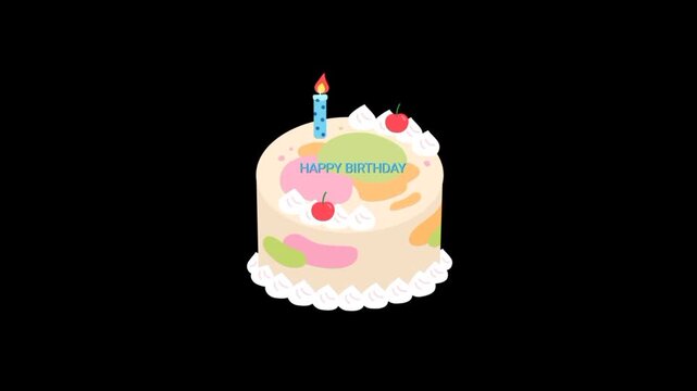 Candle on Birthday cake 3d icon animated loop on black background