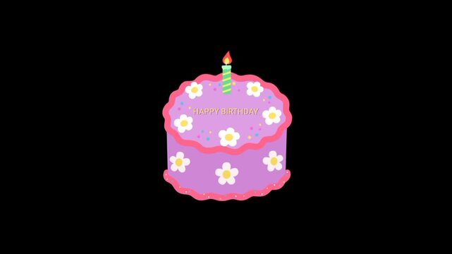 Candle on Birthday cake 3d icon animated loop on black background
