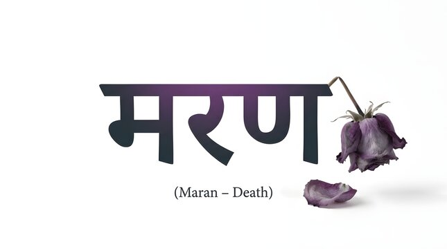Maran death hindi calligraphy concept with wilting purple rose flower on white background.