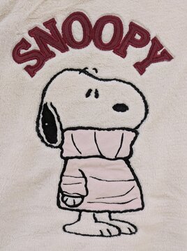 Moda de oto&ntilde;o invierno. Vista de cerca del estampado de Snoopy de Peanuts vestido con un su&eacute;ter de cuello alto, en una prenda de abrigo. Madrid, Espa&ntilde;a, 12 de agosto de 2026