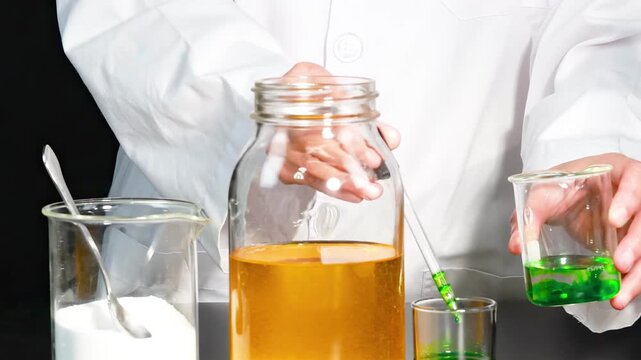 Scientist dripping green liquid with pipette into beaker and pouring solution into glass jar.