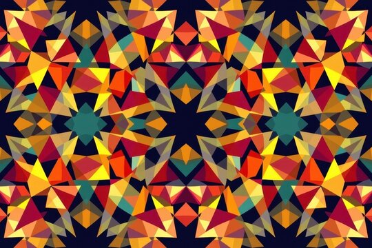 A tribal geometric seamless pattern of overlapping, semi transparent triangles creating a kaleidoscope effect in warm sunset colors.