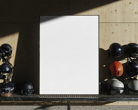 Blank white opening date board mockup on a weathered larch wall, surrounded by ski helmets and goggles for ski resort pre season and preparation