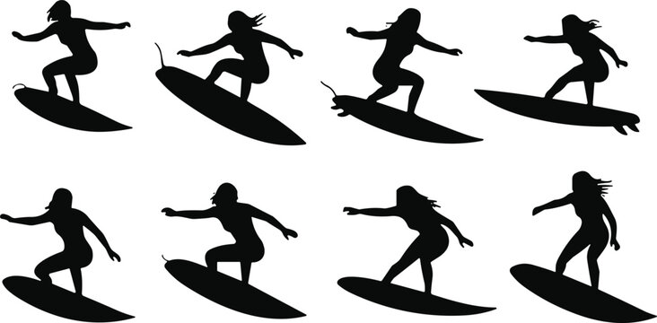 Black female surfer silhouettes collection riding waves isolated on white background vector set
