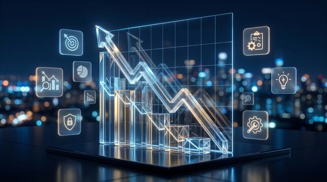 Financial growth chart with glowing digital icons over a city bokeh