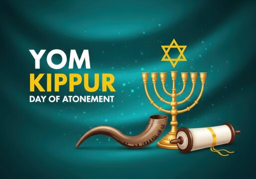 Yom kippur religious holiday greeting with menorah shofar and torah scroll