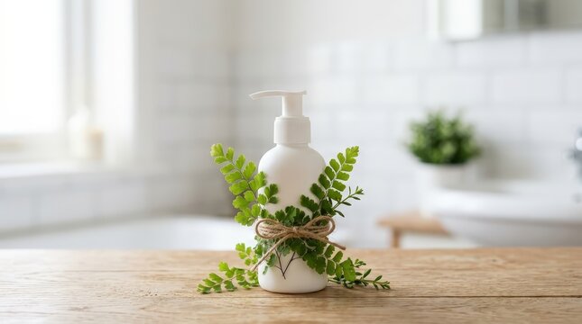 Cosmetic lotion dispenser pump bottle sits on wooden table next to green pteridophyta fern leaf in bright minimalist bathroom for natural organic skin care and beauty spa vibe.