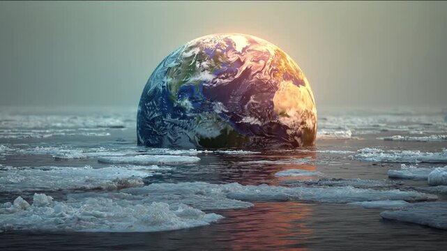 Melting Planet: A dramatic representation of a melting Earth half-submerged in icy water, symbolizing the urgent threat of climate change and global warming.