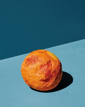 Super earth exoplanet model with a textured golden orange surface and pale polar cap on a teal background for astronomy education and copy space
