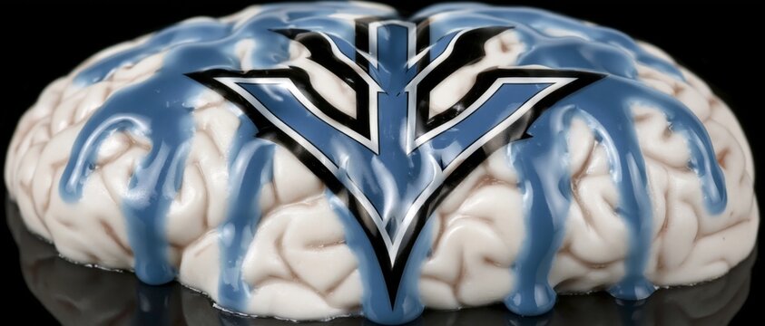 A human brain model with a blue and black logo on top, covered in dripping blue liquid against a black background.