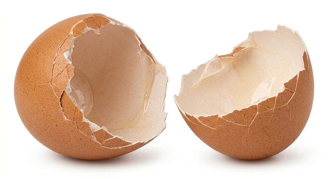 Cracked eggshell with visible albumen on a white background