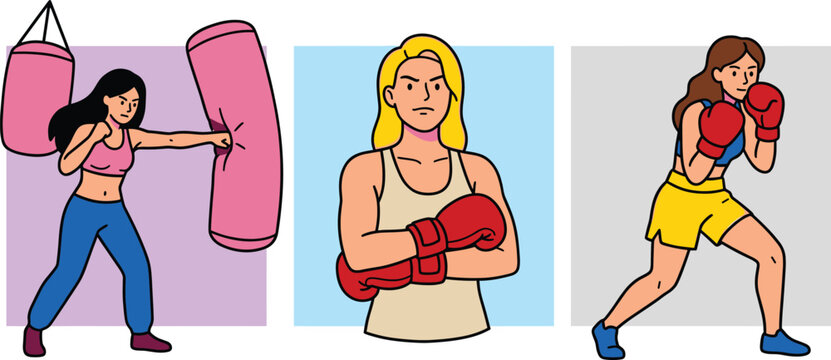 Female Boxer Vector Set Showing Women in Boxing Poses with Punching Bag, Gloves, and Fighting Stance for Fitness and Sports Designs