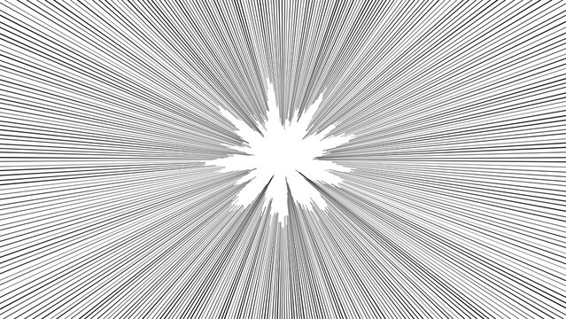 Manga speed lines background, explosive radial zoom effect for comic books, monochrome motion blur sunburst pattern, abstract action rays