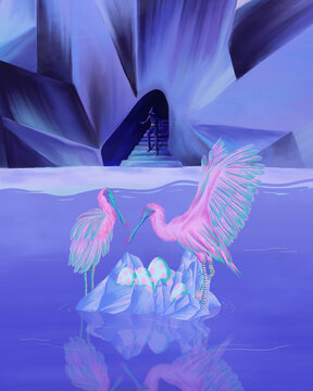 Magic Cave with birds and rocks