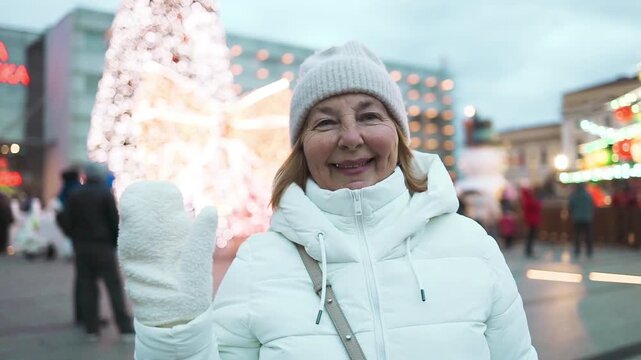 Cheerful senior female tourist smiling and enjoying winter holidays and New Year 2027 celebration in front of a decorated tree on a European city square.