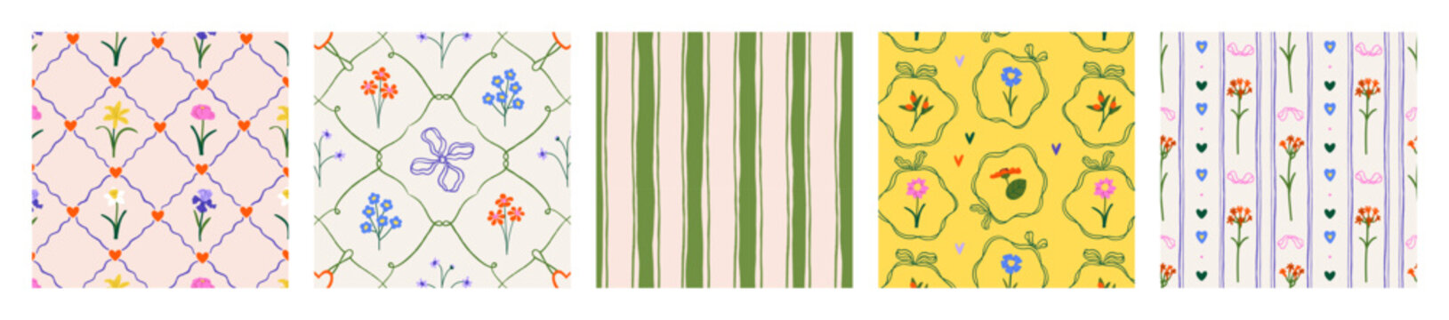 Coquette floral patterns, seamless flowers, bows and stripes. Seamless coquette designs, flower backgrounds with ribbon bows, cute prints, motifs. Floral textures for wallpaper. Vector illustrations