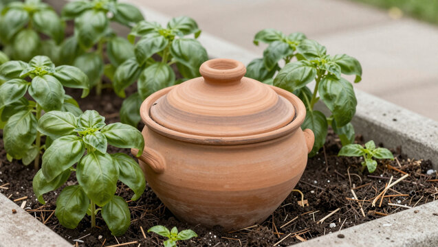 Terracotta olla watering pot among basil plants