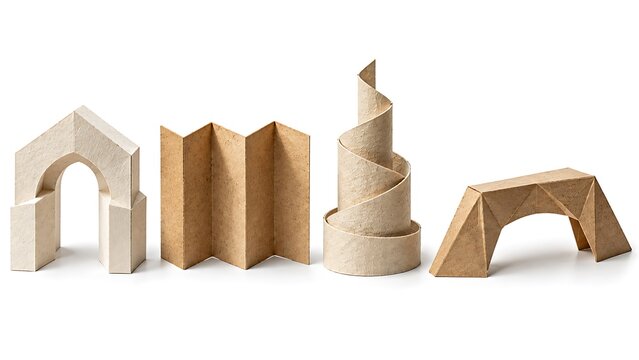 Minimalist paper sculpture architectural forms including arches spirals and bridges in neutral cardboard tones.