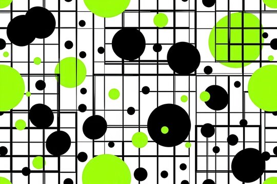 A seamless surface pattern of abstract, hand drawn geometric grids overlapping with scattered, solid circles in neon green and black.